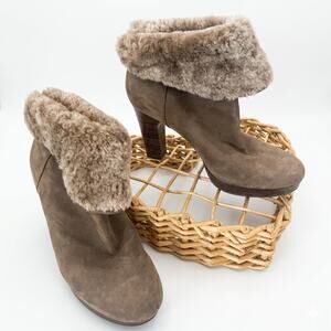 UGG Suede Shearling Fur Trim Heeled Ankle Boots Brown Size 10